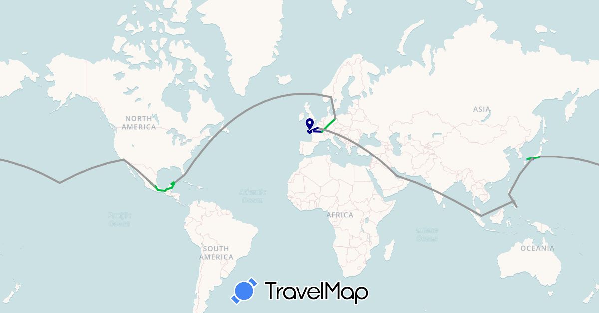 TravelMap itinerary: driving, bus, plane, train, boat in Germany, France, Japan, Mexico, Norway, Philippines, Qatar, Singapore, United States (Asia, Europe, North America)